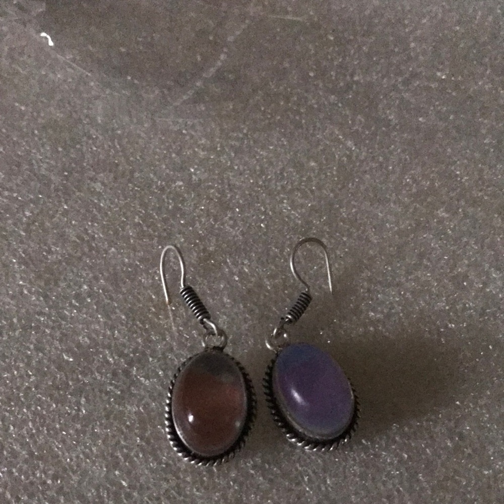 Silver-Tone Oval Stone Drop Earrings - Purple and Brown mood earring